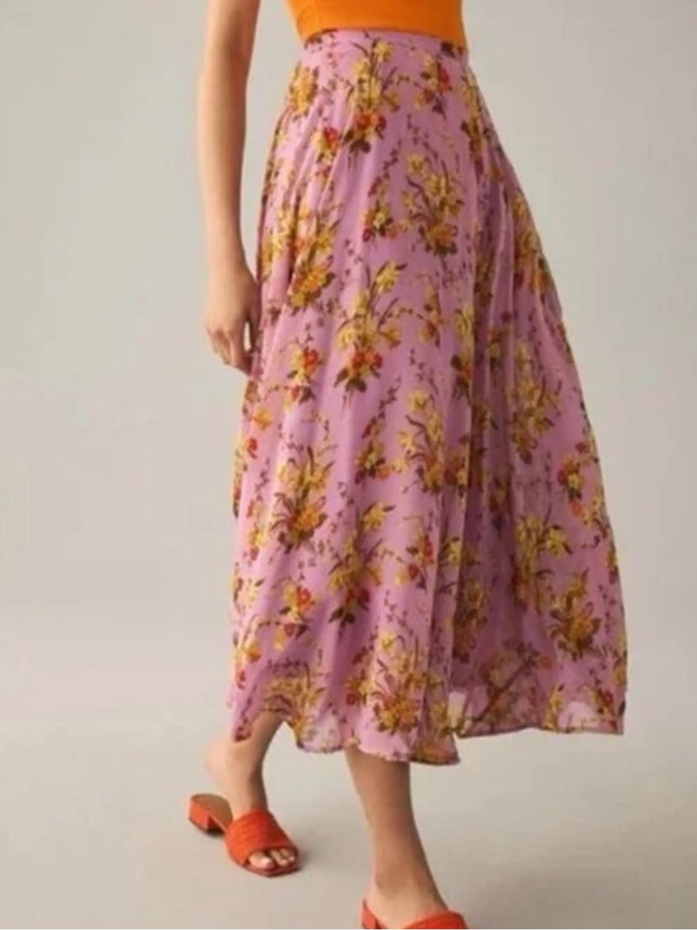Anthropologie Lilac Floral Print Ruffle Trim Flowy Midi Skirt